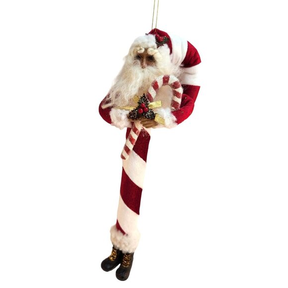 14" Santa Claus Candy Cane Ornament Glitter Details & Bell Vintage Realistic Fac - Picture 5 of 11